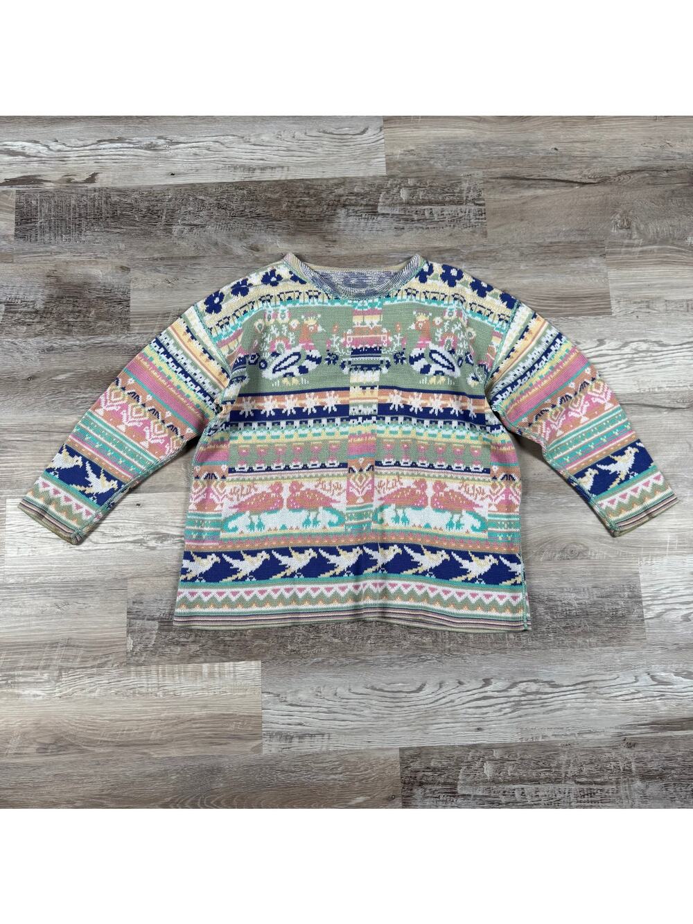 Vintage Novelty Knit Sweater Multicolor Duck Deer Fair Isle Cozy Medium